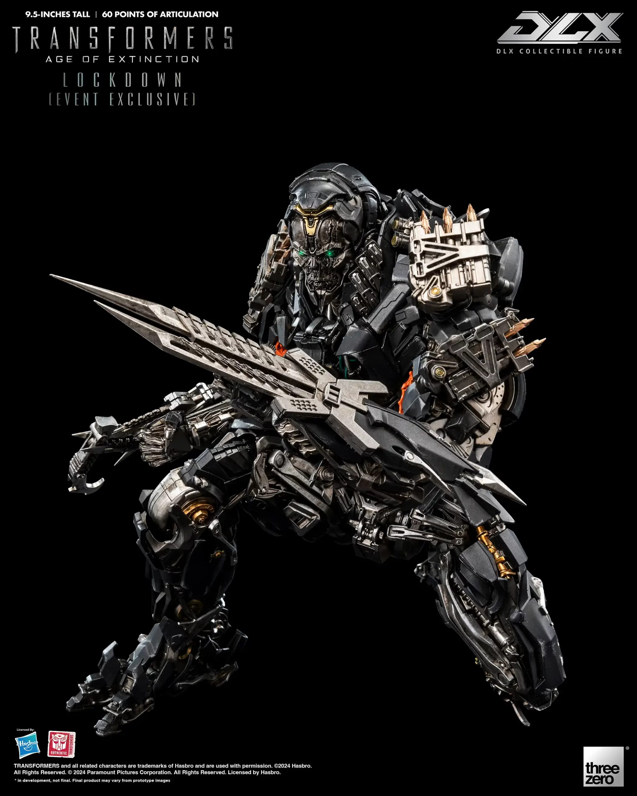 Threezero DLX Lockdown action figure from Transformers: Age of Extinction featuring premium die-cast metal components, LED light-up effects, and detailed accessories, perfect for Transformers collectors and enthusiasts.