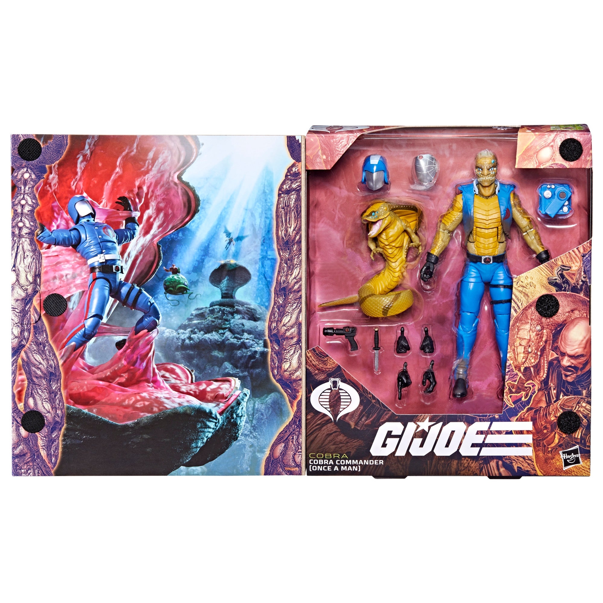 Opened Cobra Commander Once A Man deluxe packaging with lenticular sleeve removed and inner window box visible.