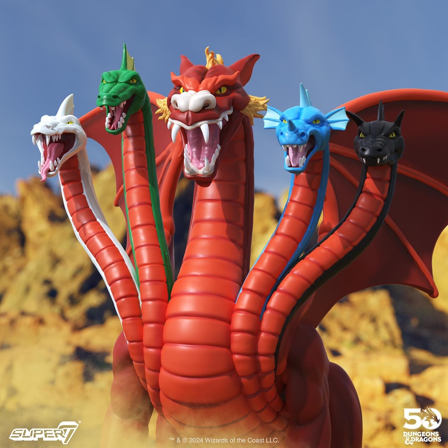 Front view of the Super7 ULTIMATES! Vinyl Tiamat, showing all five dragon heads facing forward, wings raised, and the full body in a dominant, display‑ready pose.
