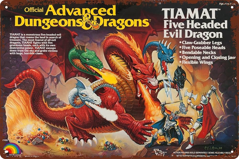A colorful illustration of Tiamat, a five-headed dragon, surrounded by treasure and attacking adventurers in a fantasy scene. The dragon features heads in different colors and poses, while the adventurers wield weapons in defense.